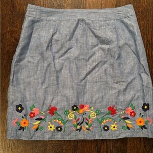 Talbots Blue Chambray Mini Skirt with Multicolor Floral Embroidery